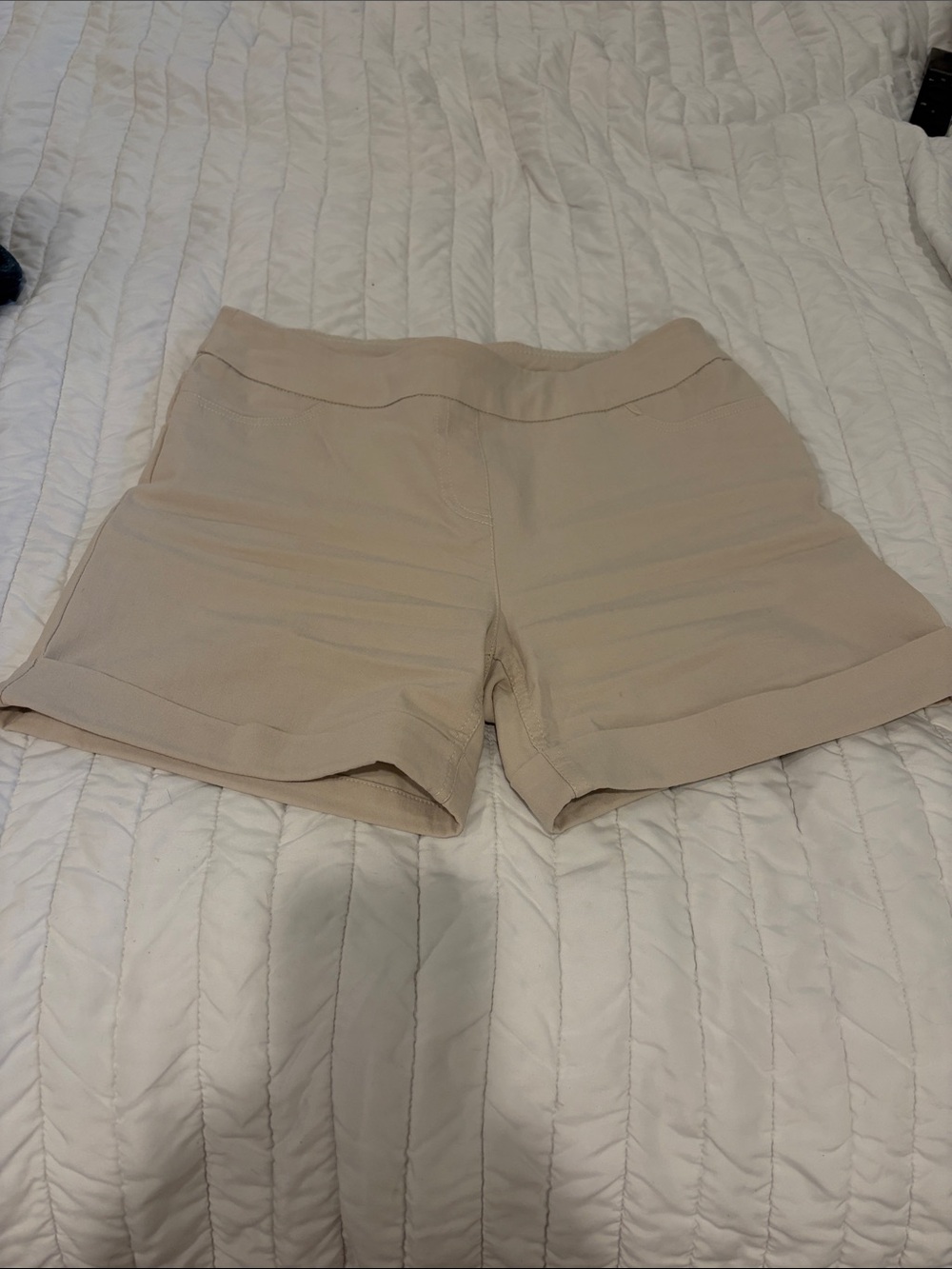 Soft Surroundings High-Waist Slim-Station Stretch Shorts in Light Beige